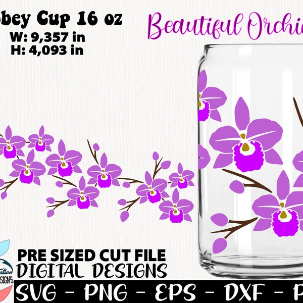 Orchid Libbey can 16 oz, Flowers svg cup, Orchids svg, Flowers glass svg, Orchid Bouquet design cup 16 oz, Flowers Bouquet cup 16 oz