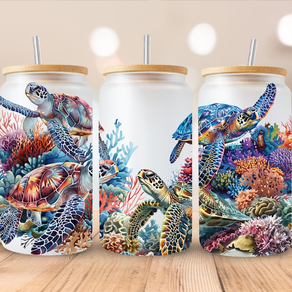 Digital turtles for libbey 16oz can wrap, Turtle illustrations, Turtle photography for sublimation, Digital marine life, Underwater art png