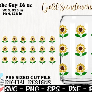 Sunflowers svg, Flower Wrap 16 oz, sunflower Design, Cat cut file, cap glass 16 oz, Flower Libbey Glass 16oz, Love Libbey cap, glass cap