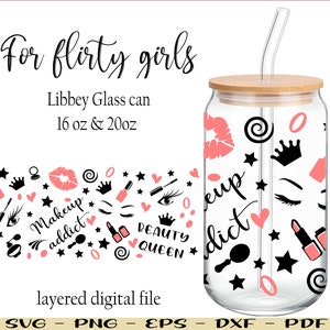 Make-up wrap voor 16oz/20oz Libbey blikje, meisjes make-up Libbey wrap, girly wrap voor glazen tuimelaar, flirterige meisjes wrap Libbey, make-up thema SVG