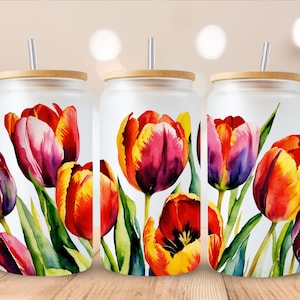 Tulpen sublimatie sjabloon voor 16oz libbey blikje, Tulpentuin sjabloon PNG, Tulpen voor libbey blikje sublimatie, elegante bloemen, png