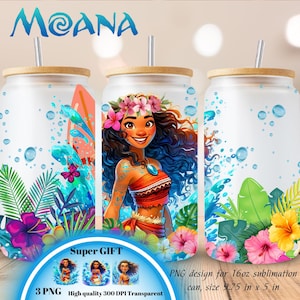 Tumbler in vetro per sublimazione Moana Libbey, principessa Moana, lattina Libbey da 16 once, png wrap per Libbey, design per sublimazione, download digitale Png
