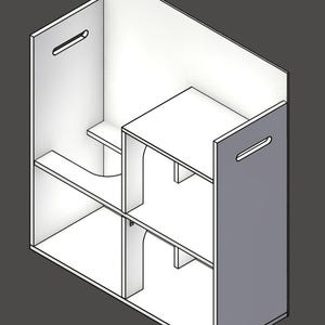 Puede incluir: Una estantería de madera blanca con dos estantes y un pequeño espacio abierto en la parte superior. La estantería tiene un panel gris en el lado derecho con dos asas recortadas.