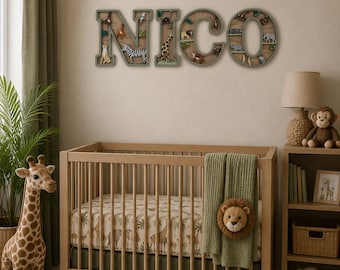 Personalised Safari Name Sign | Wooden Jungle Animal Letters | Safari Nursery Wall Decor