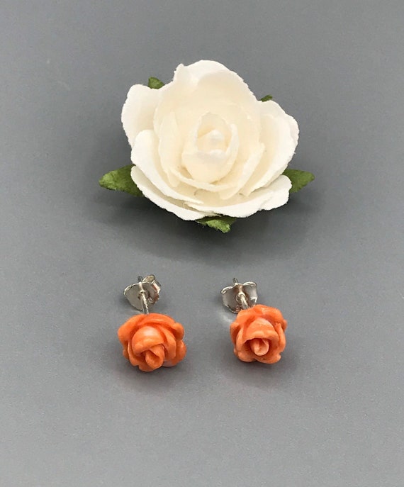 Pair of Natural Coral Rose Stud Earrings, Hand-ca… - image 1