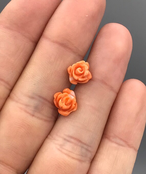 Pair of Natural Coral Rose Stud Earrings, Hand-ca… - image 2