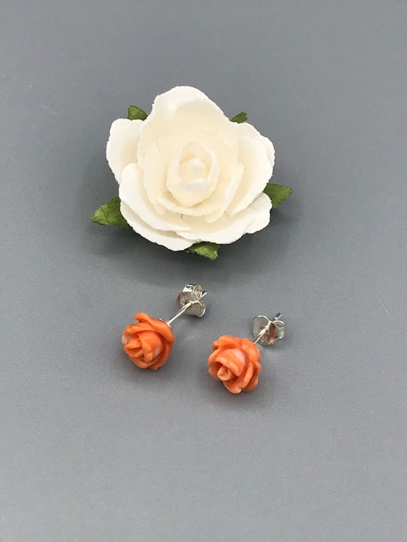 Pair of Natural Coral Rose Stud Earrings, Hand-ca… - image 4