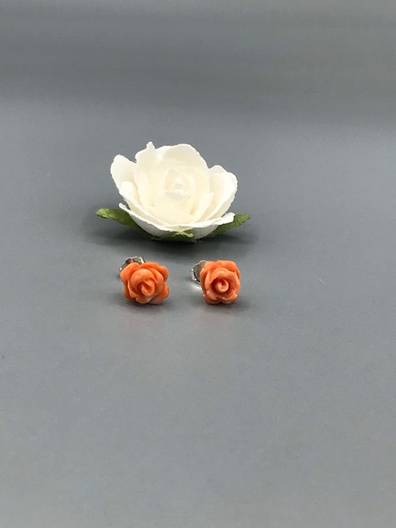 Pair of Natural Coral Rose Stud Earrings, Hand-ca… - image 3