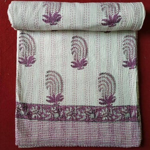 New Indian handmade block printed kantha quilt, indian throw, kantha blanket, kantha bedspread, decorative quilt, housewarming quilt