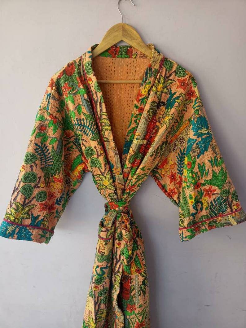 cotton kimono bath robe stitched kimono night wear dress plant and tree kimono New indian handmade frida kahlo kantha quilt kimono robe