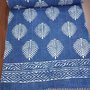 Indigo leaf print kantha quilt blue kantha quilt handblock kantha throw kantha bedcover home decore kantha bohemian kantha blanket vintage
