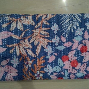 Blue floral print kantha quilt, kantha throw, kantha bedcover, kantha quilt queen, bohemian kantha bedspread, kantha coverlet
