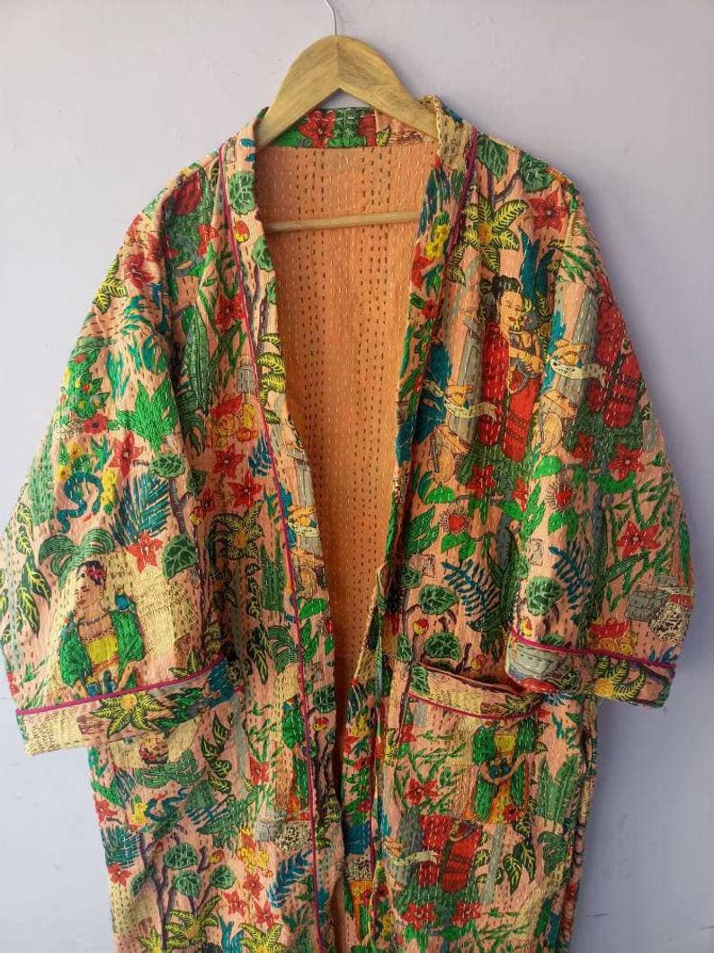 cotton kimono bath robe stitched kimono night wear dress plant and tree kimono New indian handmade frida kahlo kantha quilt kimono robe
