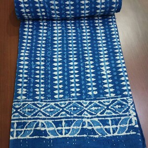 New exclusive collection indigo printed kantha quilt, cotton kantha throw, kantha blanket, Indian handmade quilt, hand stitched bedspread