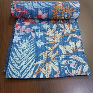Blue floral Indian handmade kantha quilt kantha throw kantha bedspread kantha blanket home decor kantha housewarming gift vintage coverlet