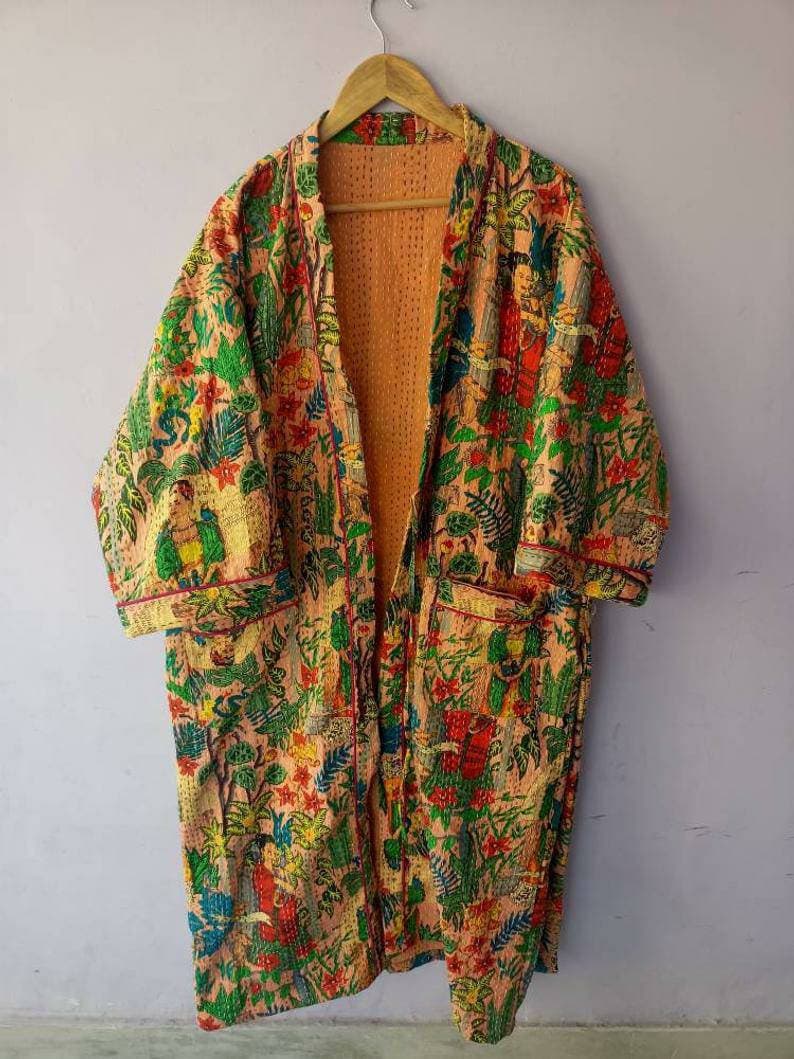 cotton kimono bath robe stitched kimono night wear dress plant and tree kimono New indian handmade frida kahlo kantha quilt kimono robe
