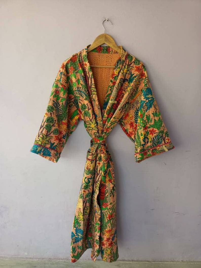 cotton kimono bath robe stitched kimono night wear dress plant and tree kimono New indian handmade frida kahlo kantha quilt kimono robe