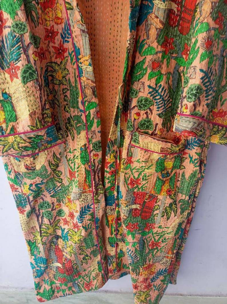 cotton kimono bath robe stitched kimono night wear dress plant and tree kimono New indian handmade frida kahlo kantha quilt kimono robe