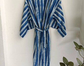 Indigo printed blue stripe kimono robe bath robe duster kimono organic kimono natural linen robe beach kimono satin kimono Indian kimono