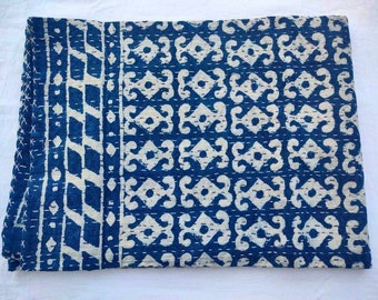 Indigo print blue kantha quilt, handblock kantha quilt, indian kantha blanket, wedding gift, kantha coverlet, bohemian kantha quilt