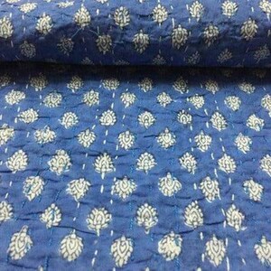Blue handblock printed kantha quilt, kantha bedspread, kantha coverlet, vintage kantha bedcover, indian kantha quilt, handmade kantha throw