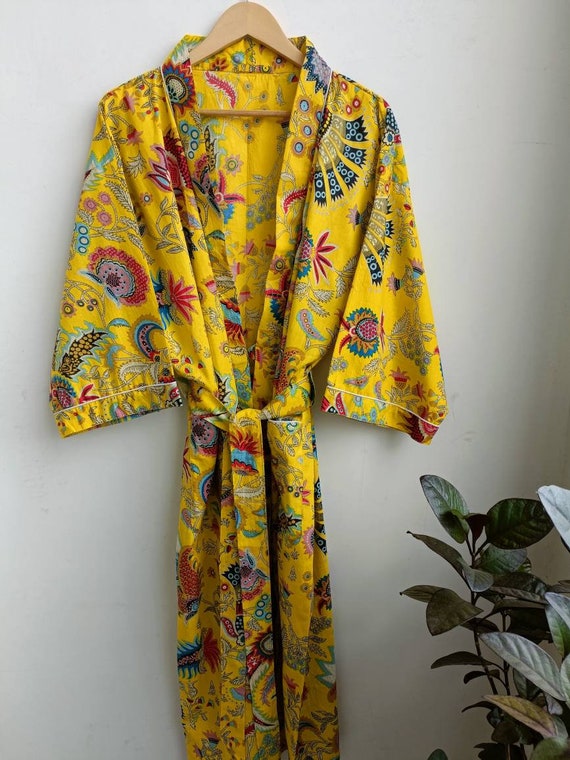 Yellow Mukut Printed Cotton Kimono Robe Organic Kimono Natural Etsy
