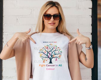 World Cancer Day PNG | Fight Cancer in All Colors Design | Awareness T-Shirt Sublimation File | Multi-Ribbon Cancer Support | Digital PNG