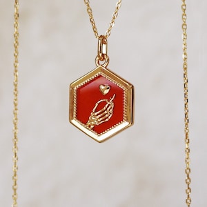 Dainty Hexagon Carnelian stone with skeleton hand in 925 Sterling Silver Designed by Gingko’s Secret| Dainty Natural Carnelian necklace|