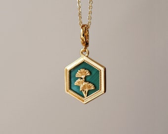 Dainty Hexagon Malachite stone with Gingko Leaf in 925 Sterling Silver Designed by Gingko’s Secret| Dainty Natural Malachite necklace|