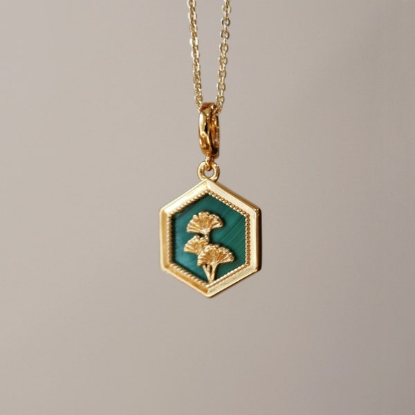 Dainty Hexagon Malachite stone with Gingko Leaf in 925 Sterling Silver Designed by Gingko’s Secret| Dainty Natural Malachite necklace|