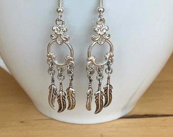 Hanging earrings silver with feathers, chandelier earrings 925 silver