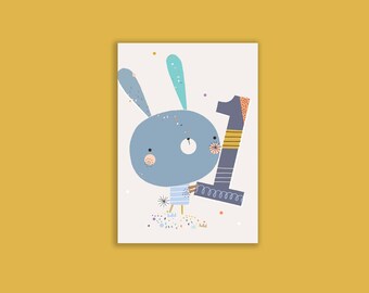 Age 1 - birthday card - unisex bunny