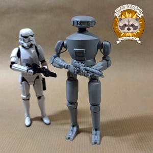 Peut inclure: Deux figurines : un Stormtrooper blanc et un robot gris tenant des fusils noirs. Le robot a une tête cylindrique et un panneau rectangulaire sur la poitrine. Le logo Angry Raccoon Miniatures est en haut à droite.