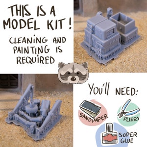 May include: A model kit with the text "THIS IS A MODEL KIT! CLEANING AND PAINTING IS REQUIRED." The image shows unassembled gray plastic model parts, a raccoon illustration, and tools: sandpaper, pliers, and super glue.