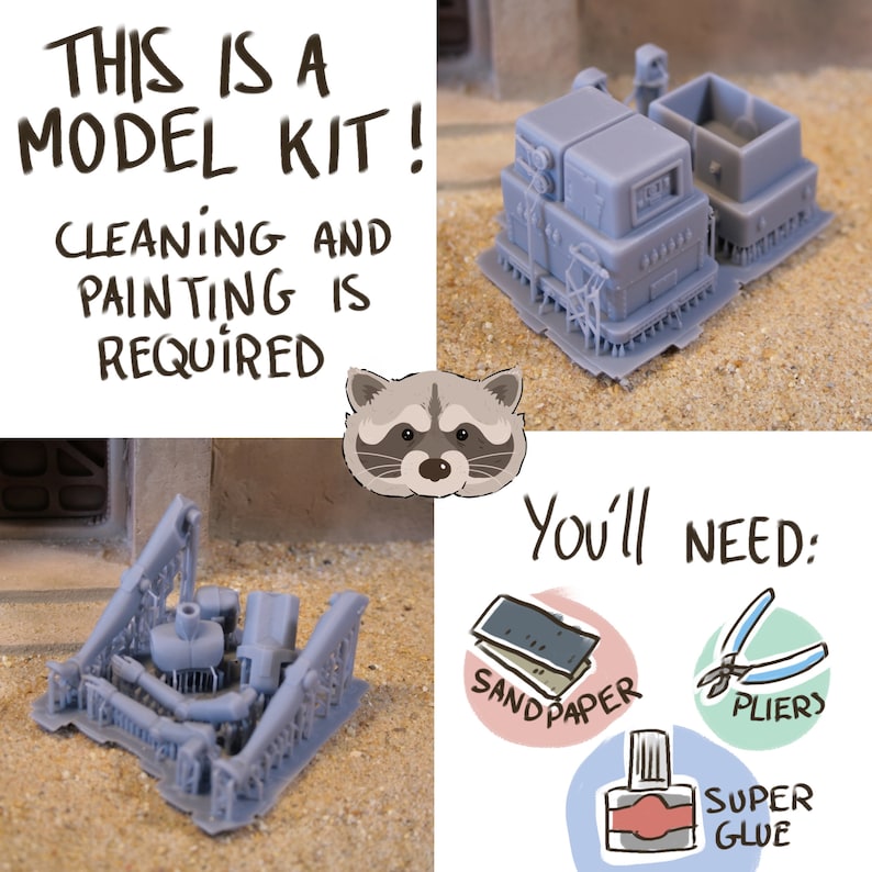 May include: A model kit with the text "THIS IS A MODEL KIT! CLEANING AND PAINTING IS REQUIRED." The image shows unassembled gray plastic model parts, a raccoon illustration, and tools: sandpaper, pliers, and super glue.