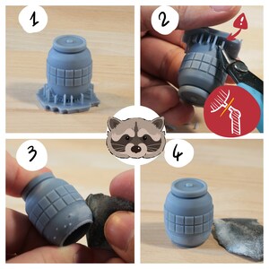 May include: A series of four images showing the process of assembling a small, gray, cylindrical object. The object has a grid-like pattern and a circular top. The steps involve cutting, sanding, and refining the object. A raccoon illustration is in the center.