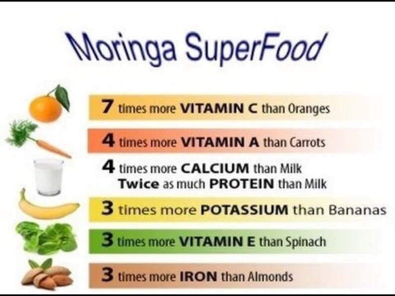 May include: A colorful infographic titled "Moringa SuperFood" lists the nutritional benefits of moringa compared to other foods. It shows that moringa has 7 times more vitamin C than oranges, 4 times more vitamin A than carrots, 4 times more calcium than milk, twice as much protein as milk, 3 times more potassium than bananas, 3 times more vitamin E than spinach, and 3 times more iron than almonds.
