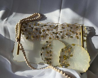 Resin Coffee Bean Tray & Coaster Set with GoldFlakes,Handmade Scalloped Edges Serving Tray,Decorative Drink Coasters,Unique Coffee Bar Decor