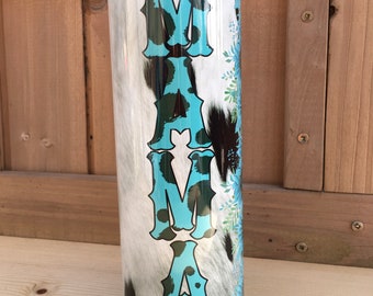 gobelet maman | bois rustique sarcelle | imprimé vache | gobelet à paillettes | gobelet tournesol sarcelle | Gobelet fin de 20 oz avec couvercle et paille