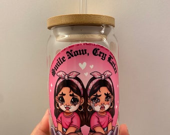 Souriez maintenant, pleurez plus tard | Chicanes | cadeau pour des amis / verre de canette de bière | avec couvercle en bambou et paille