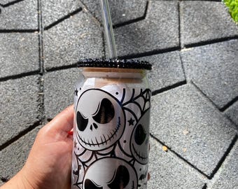 Jack Skellington /fall iced coffee glass / Halloween cup / glass cup with black rhinestone lid and straw