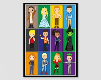 Musical Theatre Medley 1 -  Cartoon Print | Musical art | West End cast | cartoon figures | Broadway | London theatre | A4 art | Meatloaf