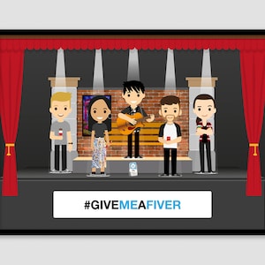 Fiver the Musical print - art work, theatre cast cartoon figures. The Show must go on Broadway London West End