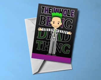 Tarjeta de felicitación con temática de Beetlejuice (en blanco por dentro) / Tarjeta con temática musical / Incluye sobre