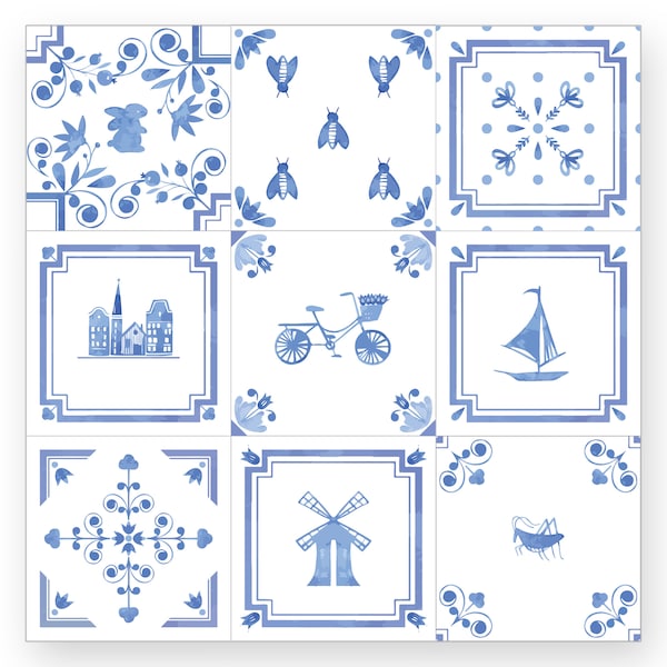 Netherlands Style Tile Decals, Vinyl Sticker Kitchen Bathroom Upstairs Removable Waterproof Vintage 12 to 48 pack various size CUSTOM ORDERS