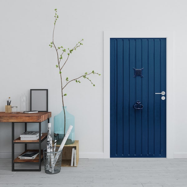 Autocollant de porte rustique bleu, vinyle Peel & Stick, décor en bois vintage, murale de porte de chambre, taille personnalisée