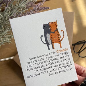 May include: A card with a hand-drawn illustration of two cats hugging. The text on the card reads: "there are only a few friends who are able to make you laugh just a little bit louder, and who often make you smile just a little bit brighter and generally make your life a little bit better just by being in it."