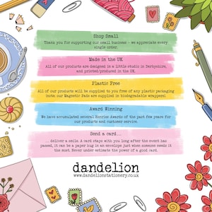 May include: A colorful illustration with the text "Shop Small", "Made in the UK", "Plastic Free", "Award Winning", and "Send a card..."  The illustration features a variety of cute drawings, including hearts, flowers, and a cup of tea. The text "dandelion" and "www.dandelionstationery.co.uk" are at the bottom of the illustration.