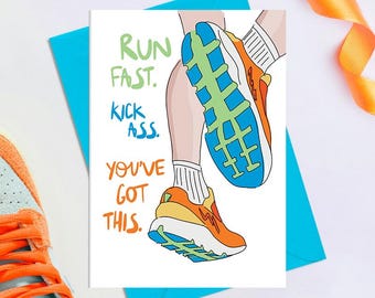 Run Fast Kick Ass Card (MS3703) Card for Runner - Half Marathon - Ultra Marathon - Good Luck Marathon Card - Running encouragement card