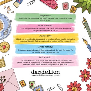 Puede incluir: Una ilustraci&oacute;n colorida con el texto "Shop Small", "Made in the UK", "Plastic Free", "Award Winning" y "Send a card..."  La ilustraci&oacute;n presenta una variedad de dibujos lindos, incluyendo corazones, flores y una taza de t&eacute;. El texto "dandelion" y "www.dandelionstationery.co.uk" se encuentra en la parte inferior de la ilustraci&oacute;n.